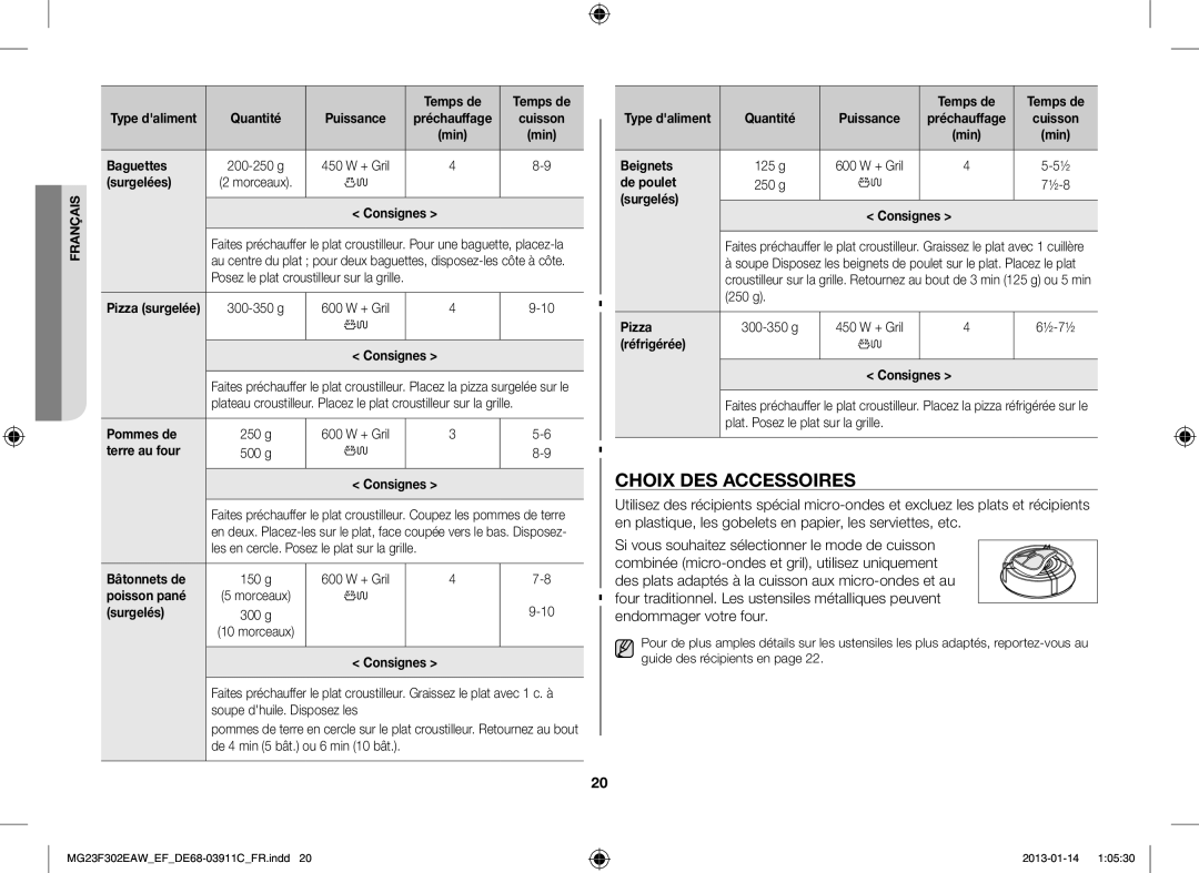 Samsung MG23F301EJW/EF manual Choix DES Accessoires 