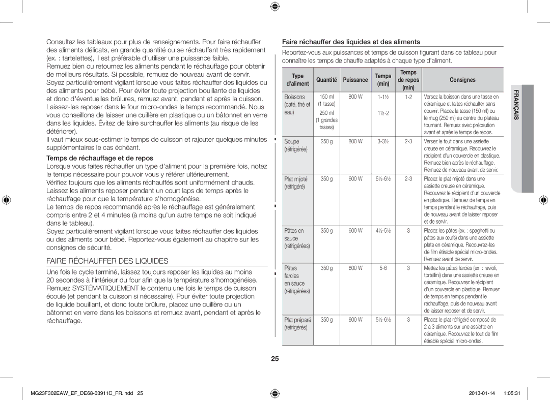 Samsung MG23F301EJW/EF manual Faire Réchauffer DES Liquides 