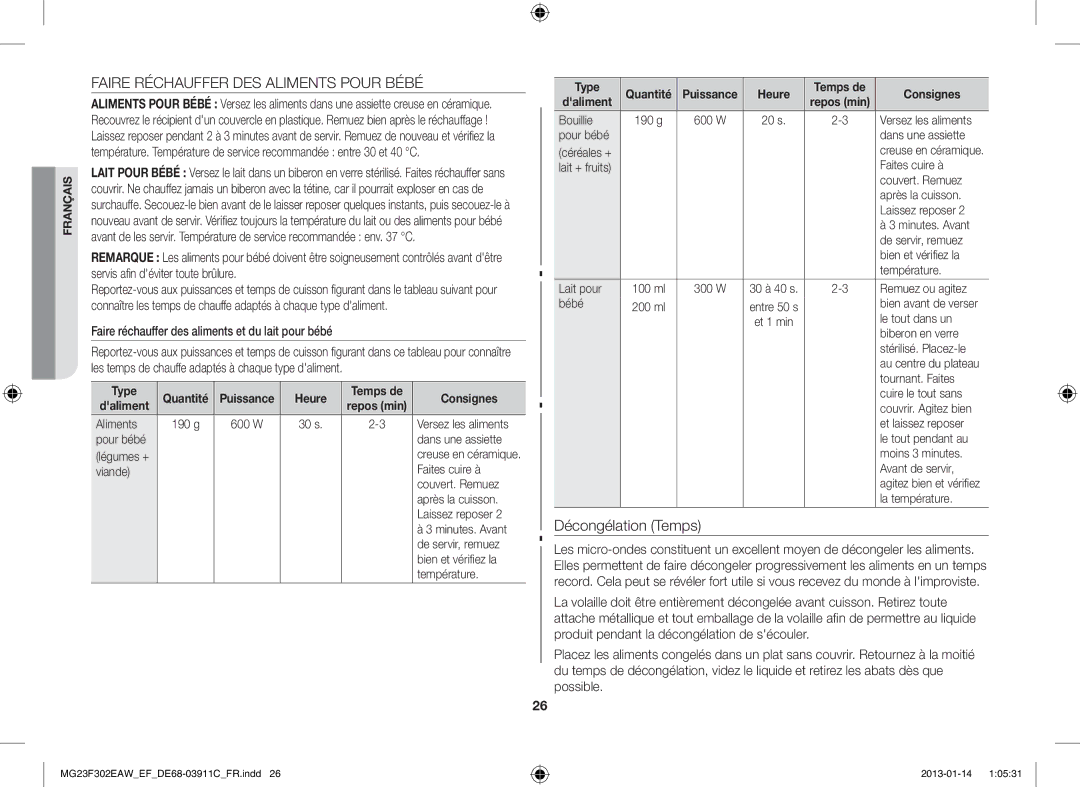 Samsung MG23F301EJW/EF manual Faire Réchauffer DES Aliments Pour Bébé, Faire réchauffer des aliments et du lait pour bébé 