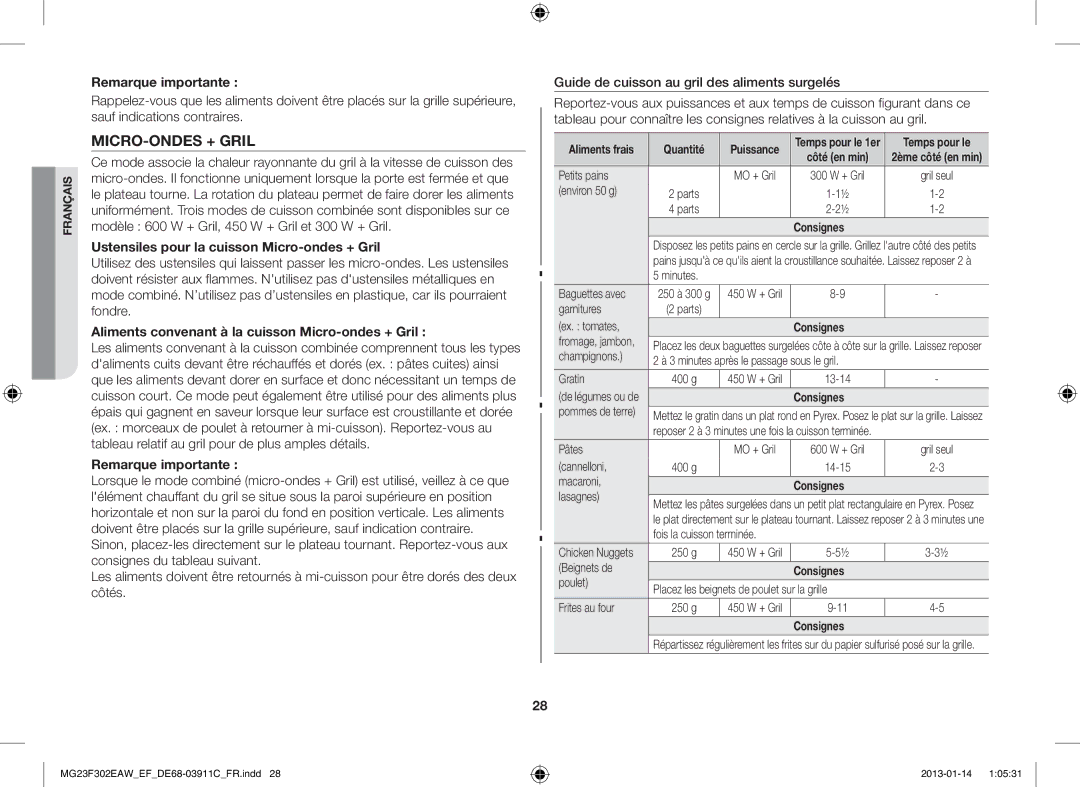 Samsung MG23F301EJW/EF manual Remarque importante, Ustensiles pour la cuisson Micro-ondes + Gril 