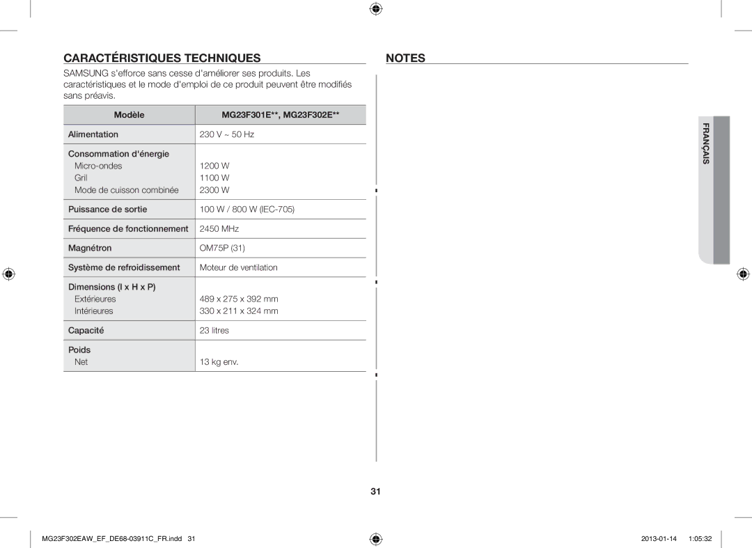 Samsung MG23F301EJW/EF manual Caractéristiques Techniques, Modèle MG23F301E**, MG23F302E 