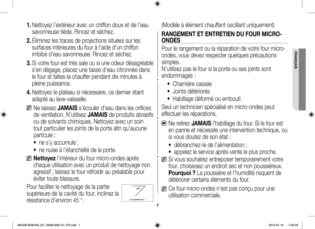 Samsung MG23F301EJW/EF manual Rangement ET Entretien DU Four MICRO- Ondes 