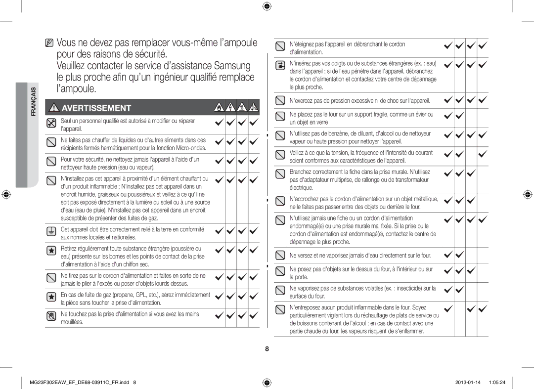 Samsung MG23F301EJW/EF manual Pour des raisons de sécurité 