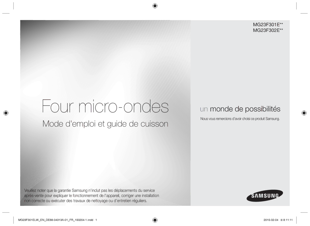 Samsung MG23F301ELW/EN, MG23F301ELW/EG manual Four micro-ondes, Nous vous remercions d’avoir choisi ce produit Samsung 