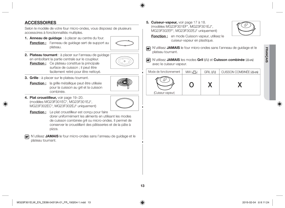 Samsung MG23F301ELW/EN, MG23F301ELW/EG manual Accessoires, Mode de fonctionnement MW, Cuiseur-vapeur 