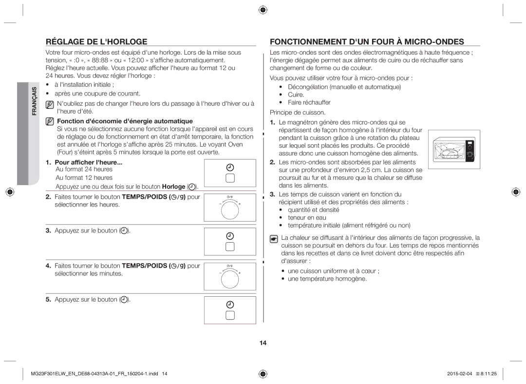 Samsung MG23F301ELW/EG Réglage de lhorloge, Fonctionnement dun four à micro-ondes, Fonction déconomie dénergie automatique 