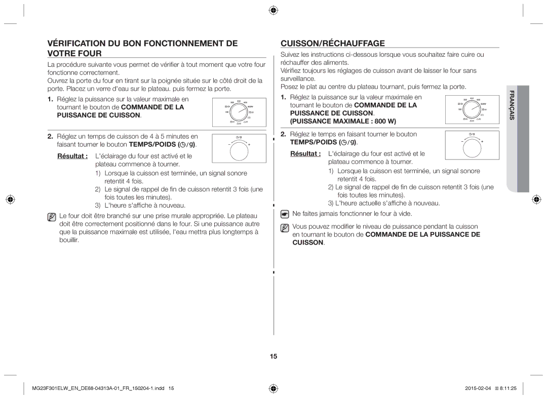 Samsung MG23F301ELW/EN, MG23F301ELW/EG manual Vérification du bon fonctionnement de votre four, Cuisson/Réchauffage 