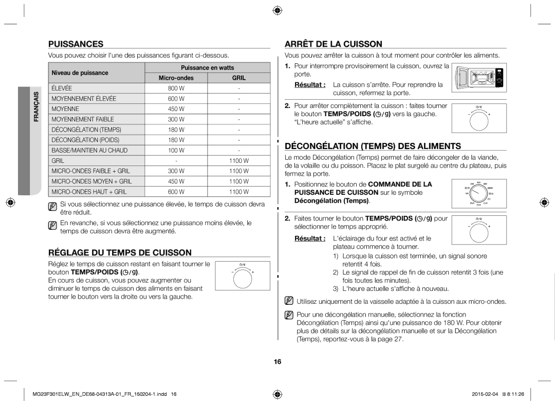 Samsung MG23F301ELW/EG Puissances, Réglage du temps de cuisson, Arrêt de la cuisson, Décongélation temps des aliments 