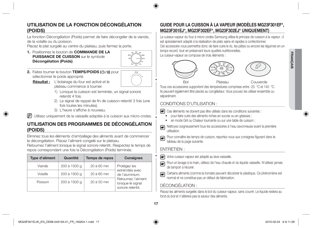 Samsung MG23F301ELW/EN Utilisation de la fonction décongélation poids, Utilisation des programmes de décongélation poids 