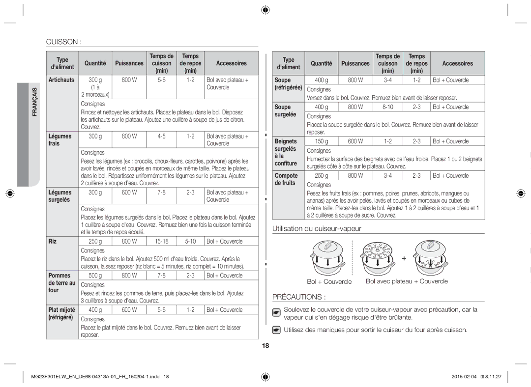 Samsung MG23F301ELW/EG, MG23F301ELW/EN manual Cuisson, Précautions 