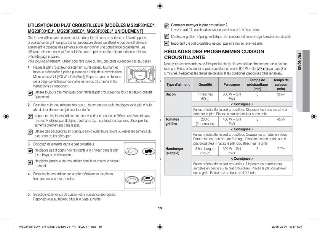 Samsung MG23F301ELW/EN manual Réglages des programmes cuisson croustillante, Afin de leur donner une jolie couleur dorée 