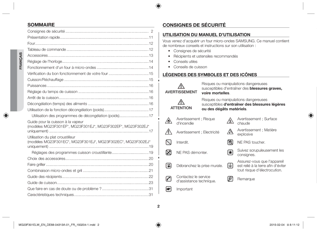 Samsung MG23F301ELW/EG manual Sommaire, Consignes de sécurité, Utilisation des programmes de décongélation poids, Remarque 