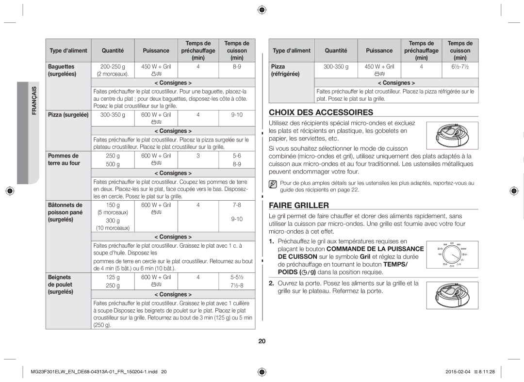 Samsung MG23F301ELW/EG, MG23F301ELW/EN manual Choix des accessoires, Faire griller 