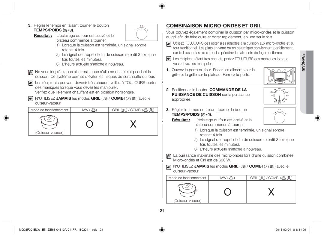 Samsung MG23F301ELW/EN manual Combinaison micro-ondes et gril, Réglez le temps en faisant tourner le bouton, Cuiseur-vapeur 