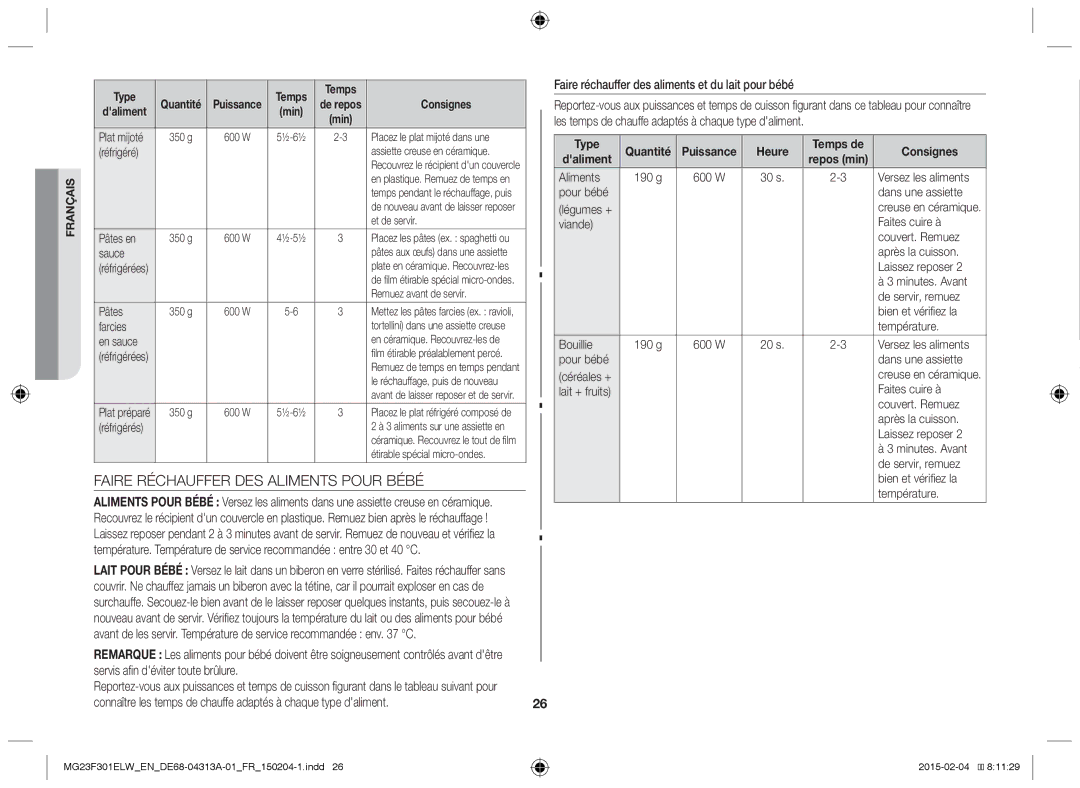 Samsung MG23F301ELW/EG manual Faire Réchauffer DES Aliments Pour Bébé, Faire réchauffer des aliments et du lait pour bébé 