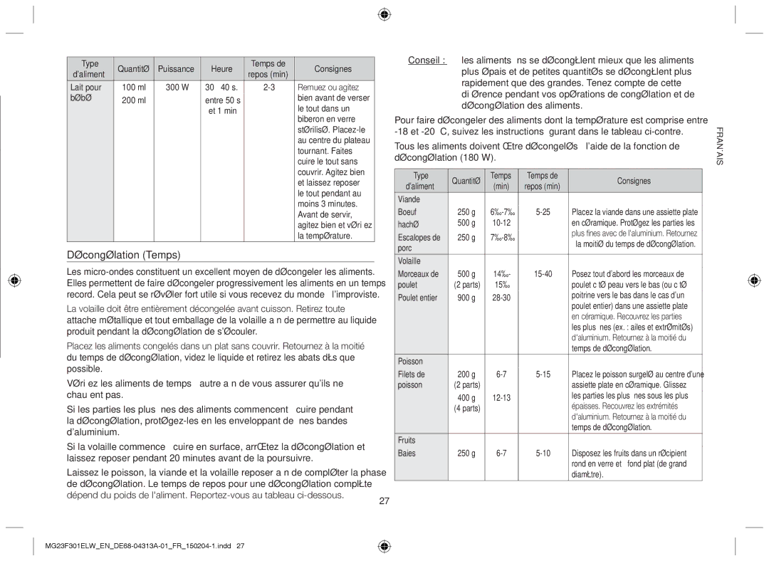 Samsung MG23F301ELW/EN, MG23F301ELW/EG manual Heure Temps de Consignes, Temps de Consignes Daliment 