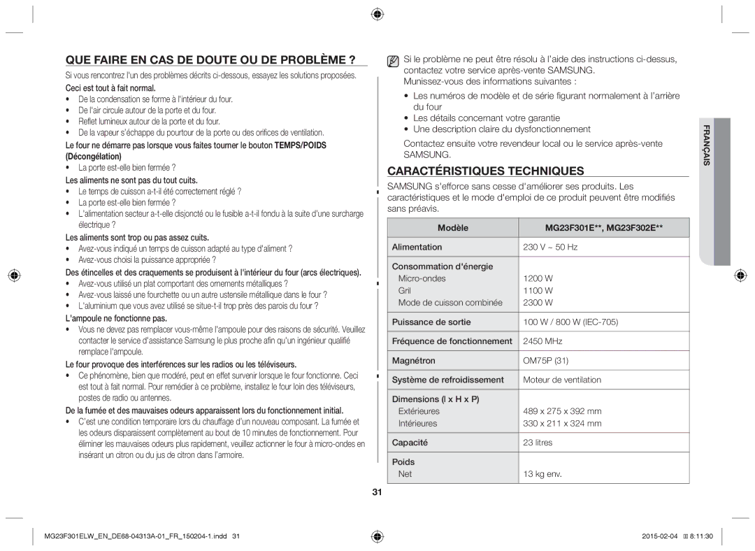 Samsung MG23F301ELW/EN Que faire en cas de doute ou de problème ?, Caractéristiques techniques, Lampoule ne fonctionne pas 