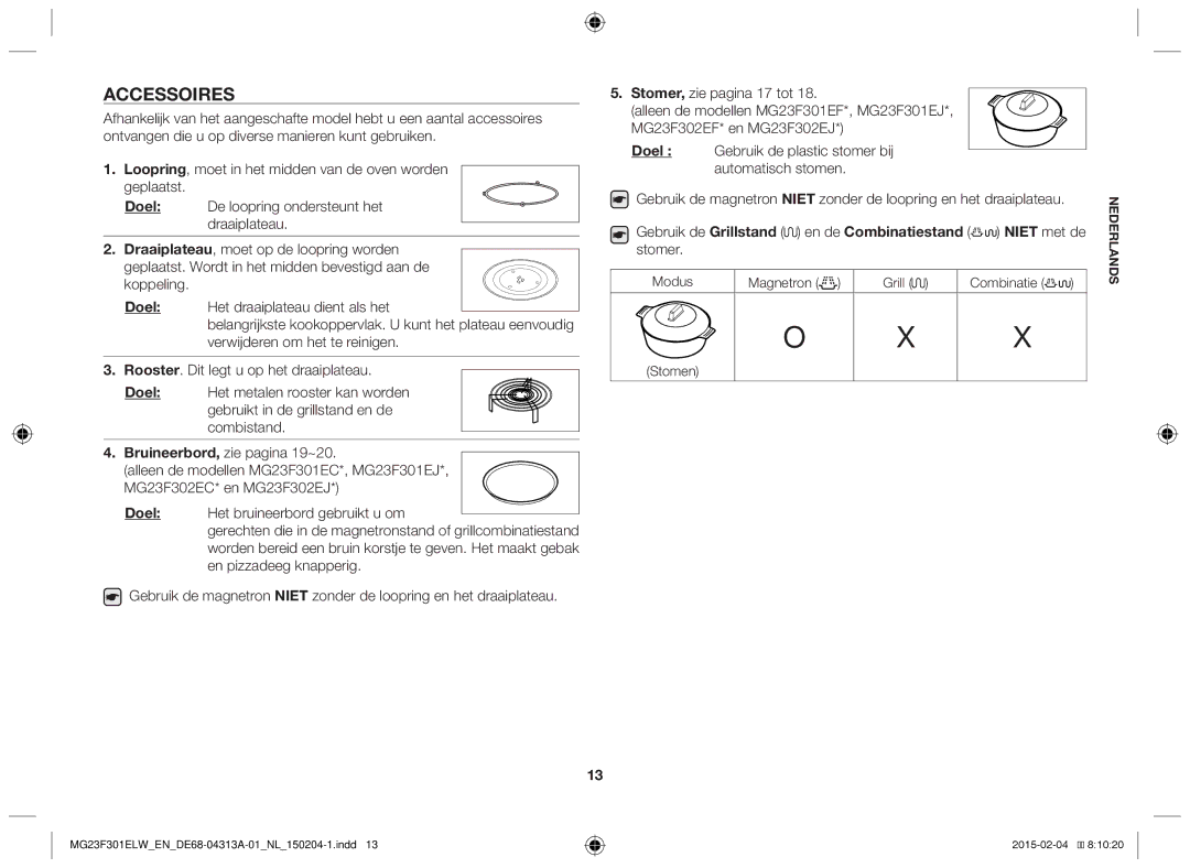 Samsung MG23F301ELW/EN, MG23F301ELW/EG manual Doel, Modus Magnetron Grill Combinatie Stomen 