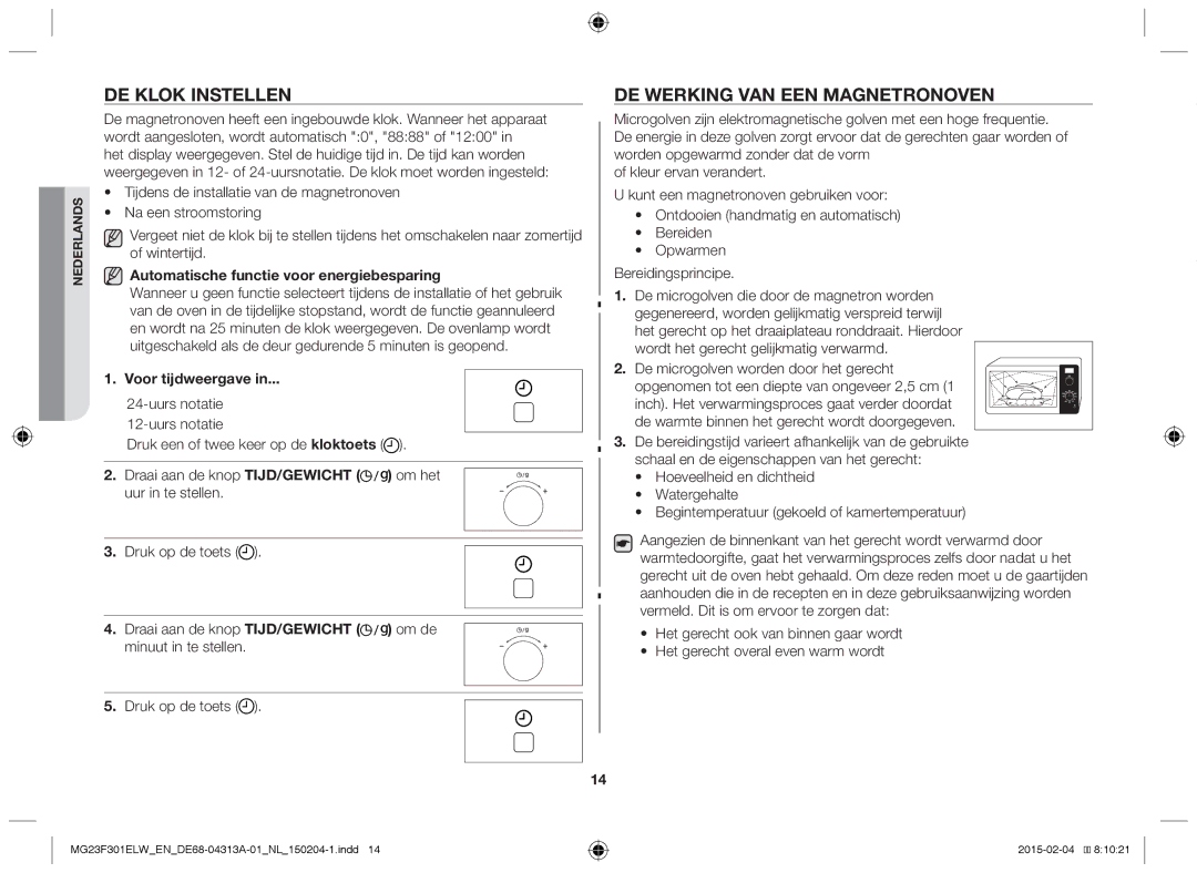 Samsung MG23F301ELW/EG De klok instellen, De werking van een magnetronoven, Automatische functie voor energiebesparing 