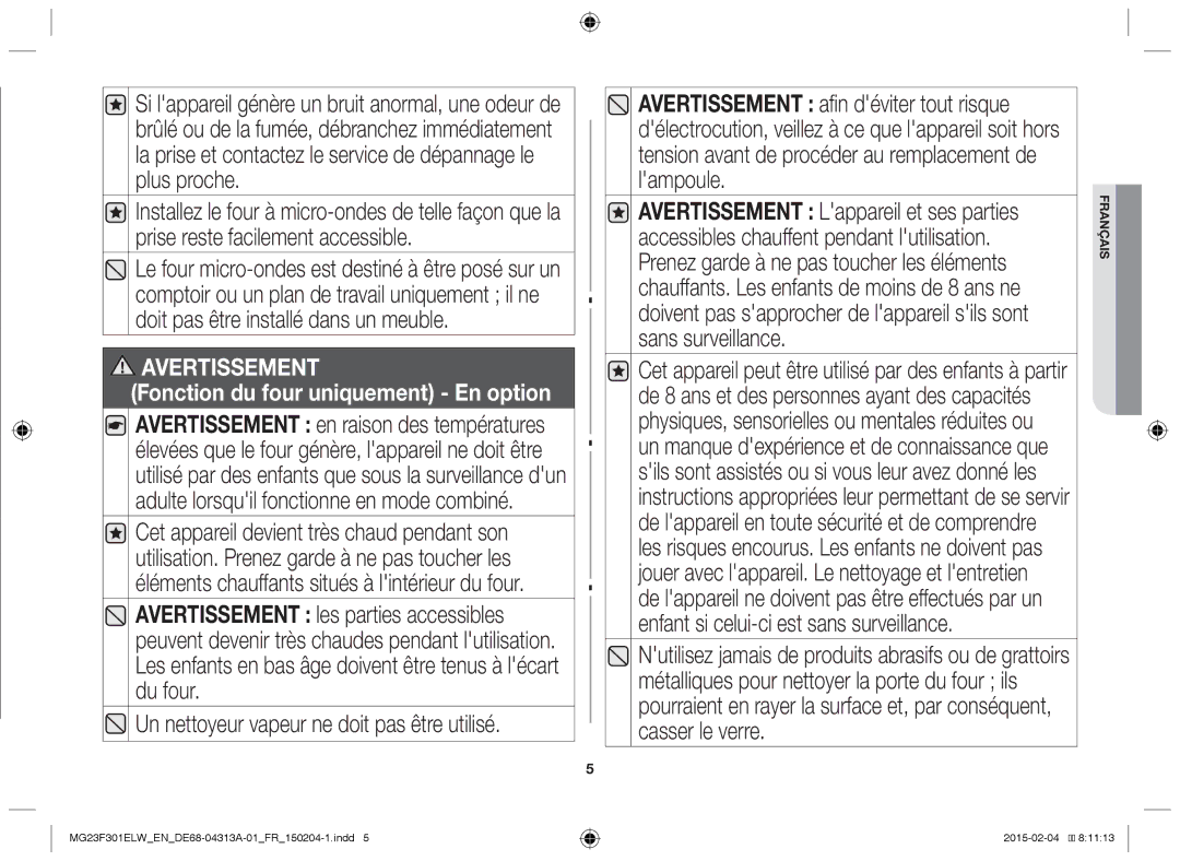 Samsung MG23F301ELW/EN, MG23F301ELW/EG manual Fonction du four uniquement En option 