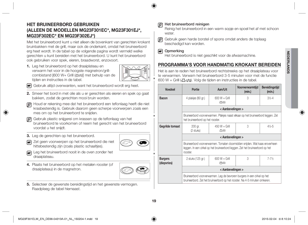 Samsung MG23F301ELW/EN, MG23F301ELW/EG manual Programmas voor handmatig krokant bereiden, Gegrilde tomaat, Burgers 