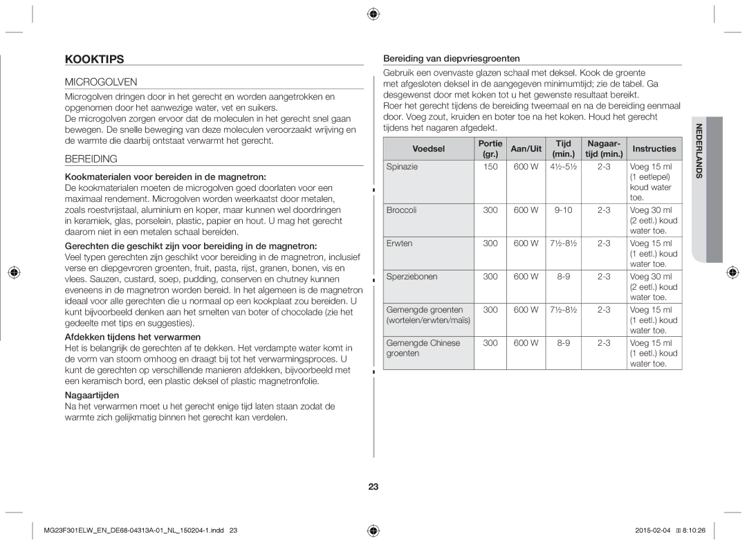 Samsung MG23F301ELW/EN, MG23F301ELW/EG manual Kooktips, Microgolven, Voedsel Portie Aan/Uit Tijd Nagaar Instructies 