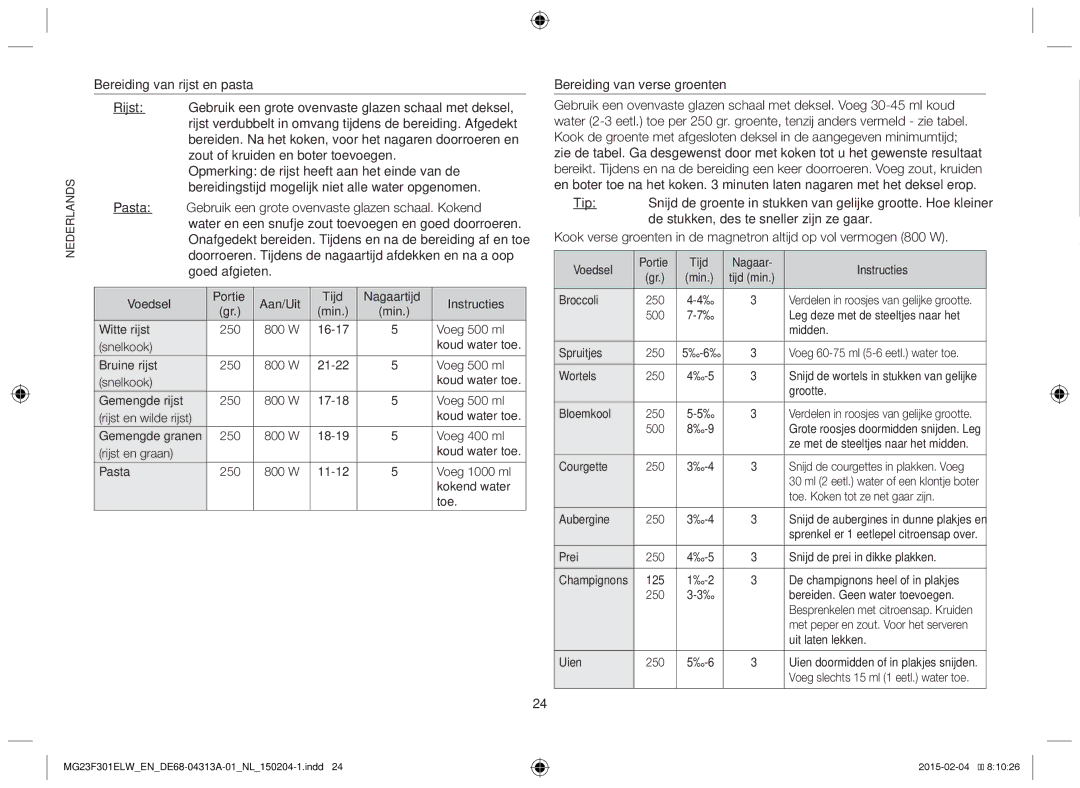 Samsung MG23F301ELW/EG manual Bereiding van verse groenten, Voedsel Portie Aan/Uit Tijd Nagaartijd Instructies Min 