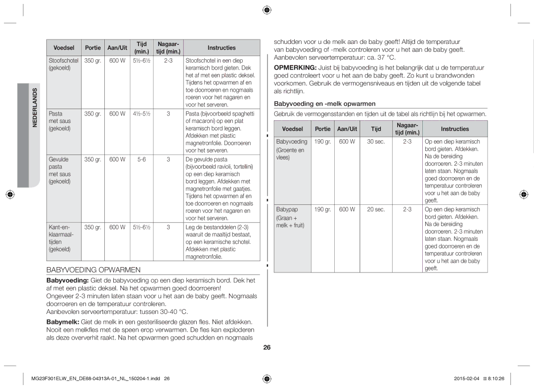Samsung MG23F301ELW/EG, MG23F301ELW/EN manual Babyvoeding Opwarmen 