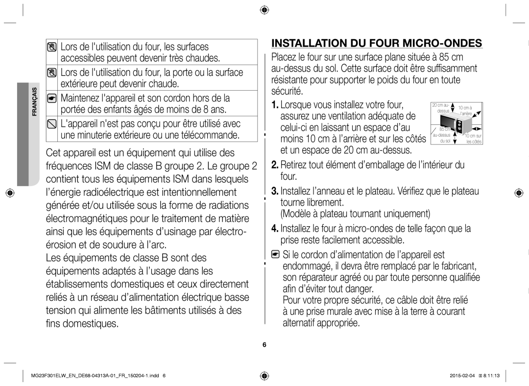 Samsung MG23F301ELW/EG, MG23F301ELW/EN manual Retirez tout élément d’emballage de l’intérieur du four 