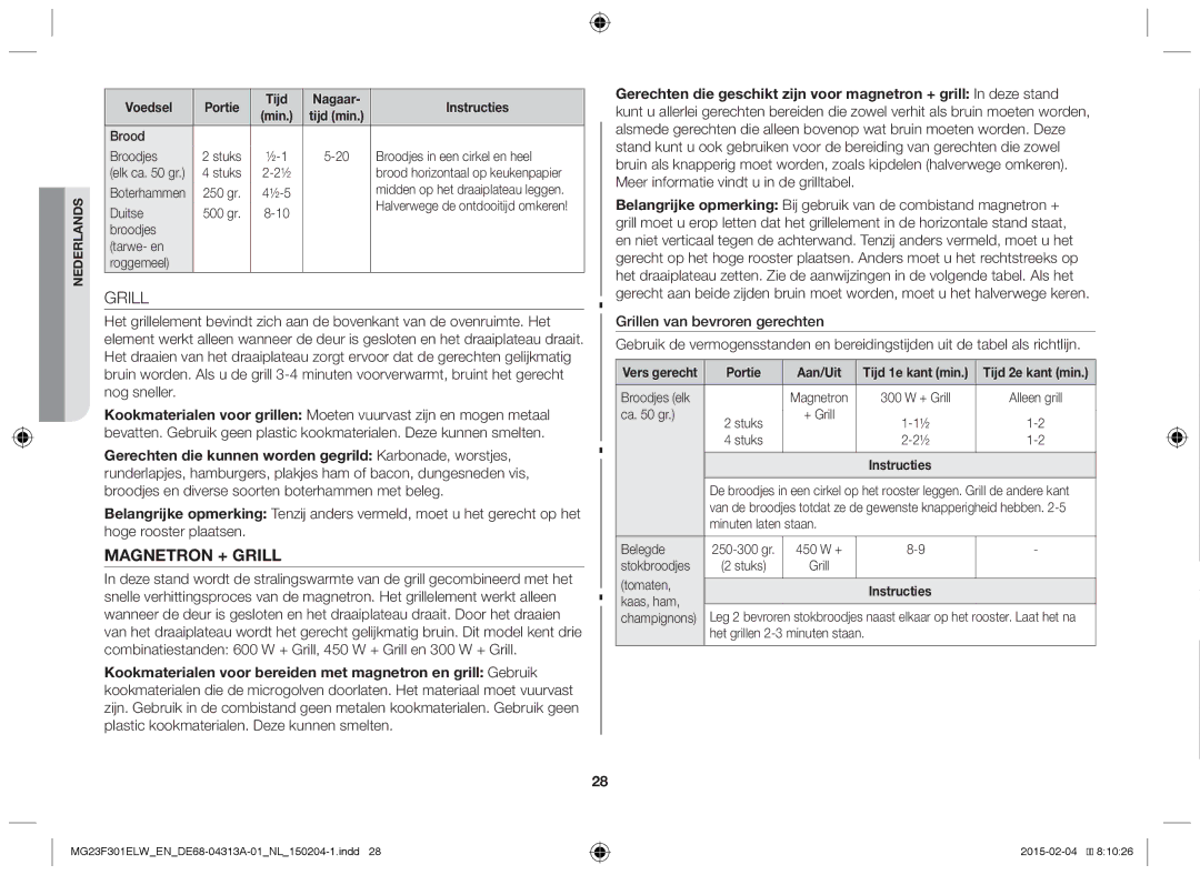 Samsung MG23F301ELW/EG, MG23F301ELW/EN manual Grill, Portie Aan/Uit 