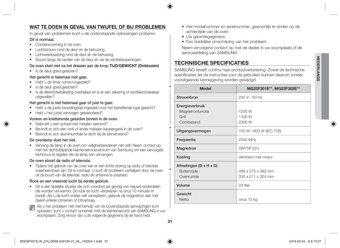 Samsung MG23F301ELW/EN, MG23F301ELW/EG Wat te doen in geval van twijfel of bij problemen, Technische specificaties, Model 