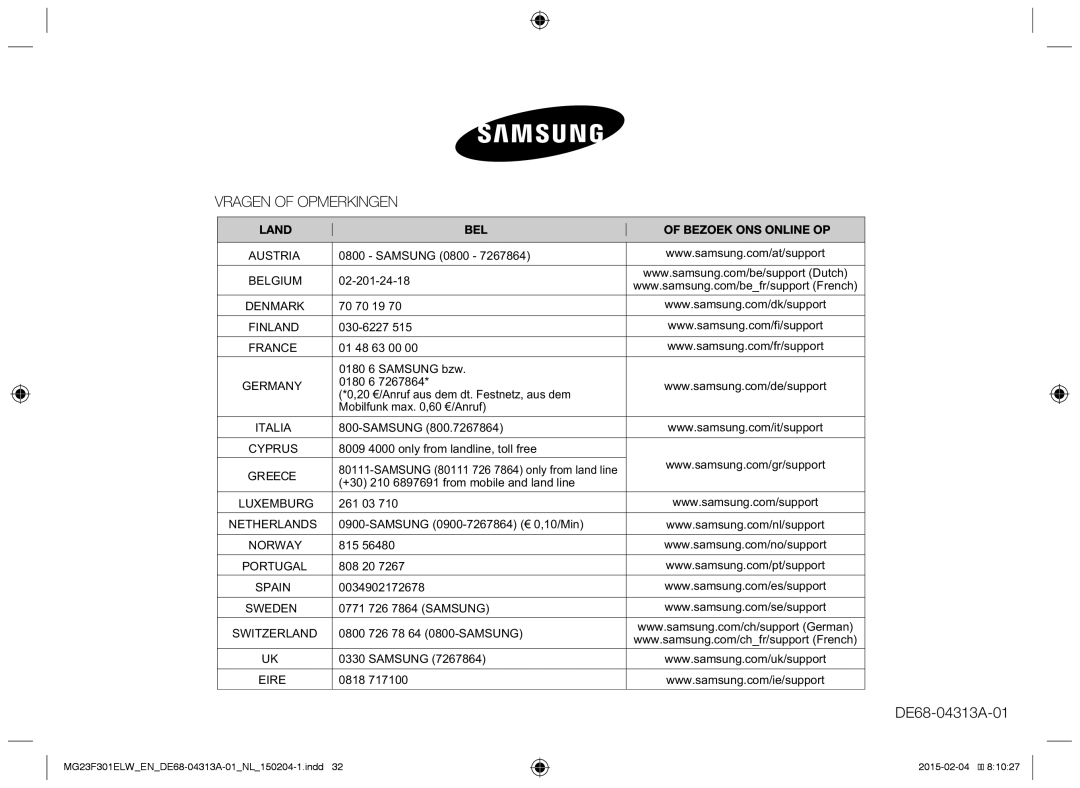 Samsung MG23F301ELW/EG, MG23F301ELW/EN manual DE68-04313A-01 