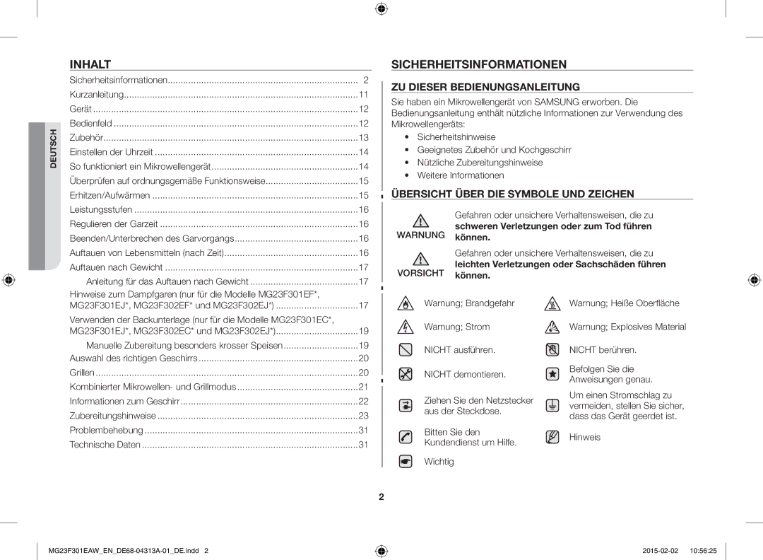 Samsung MG23F301ELW/EG manual Inhalt, Sicherheitsinformationen, Hinweise zum Dampfgaren nur für die Modelle MG23F301EF 