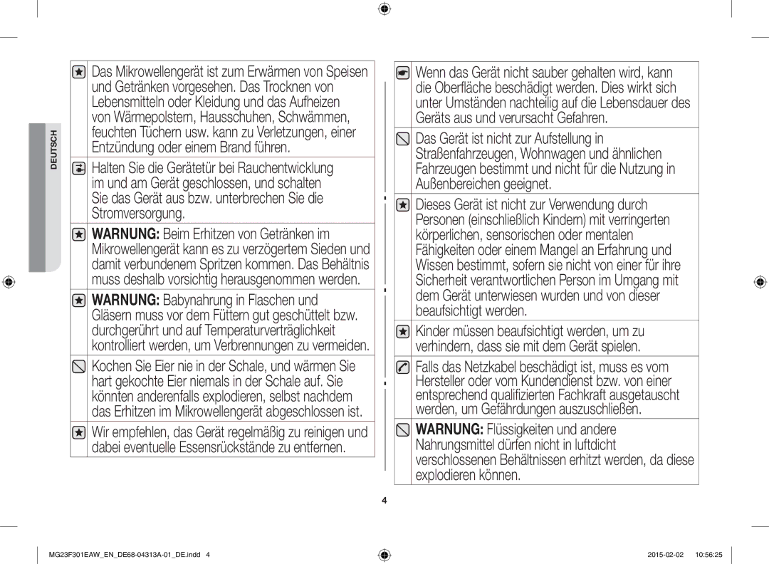 Samsung MG23F301ELW/EG, MG23F301ELW/EN manual Deutsch 