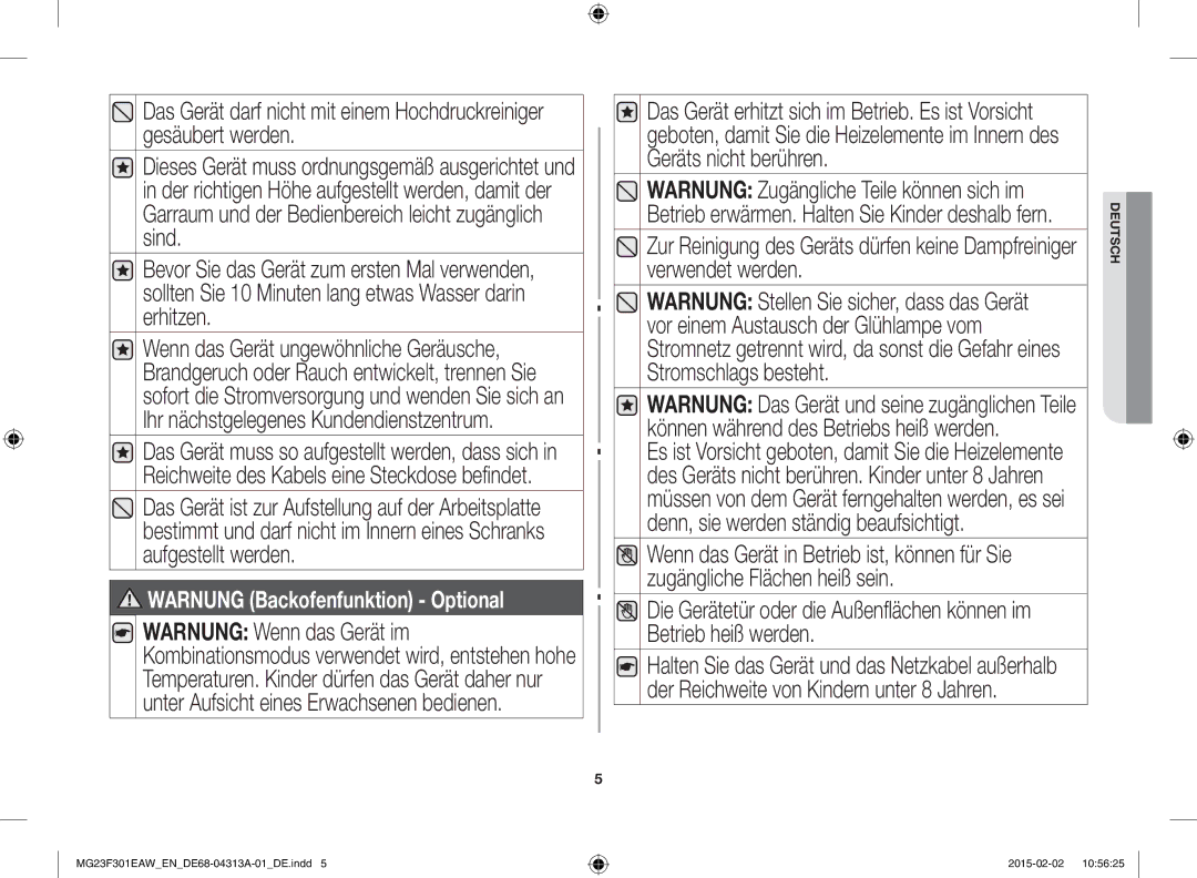 Samsung MG23F301ELW/EN, MG23F301ELW/EG manual Warnung Backofenfunktion Optional 