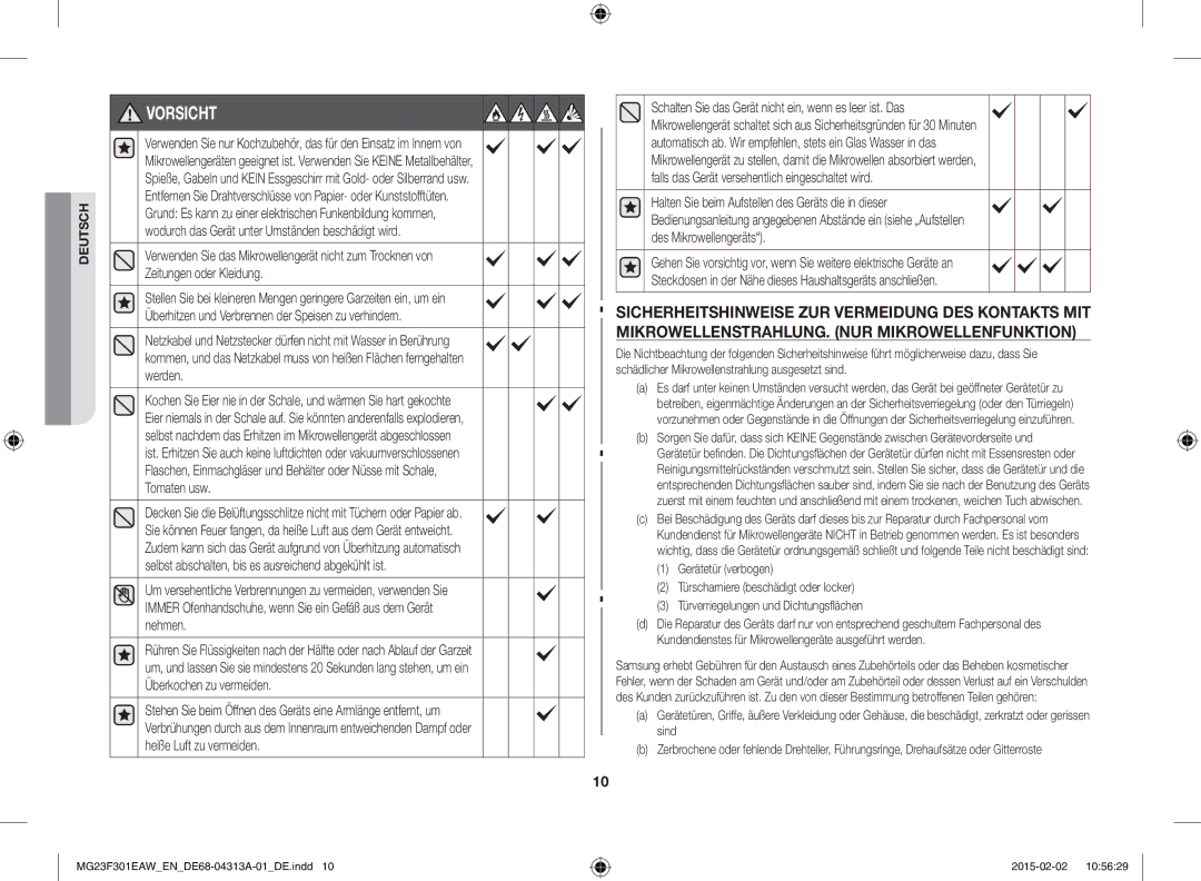 Samsung MG23F301ELW/EG, MG23F301ELW/EN manual Vorsicht 