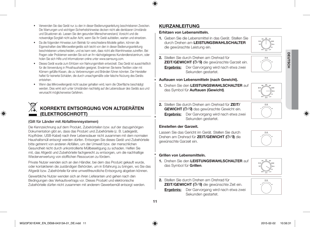 Samsung MG23F301ELW/EN manual Korrekte Entsorgung VON Altgeräten Elektroschrott, Kurzanleitung, Erhitzen von Lebensmitteln 