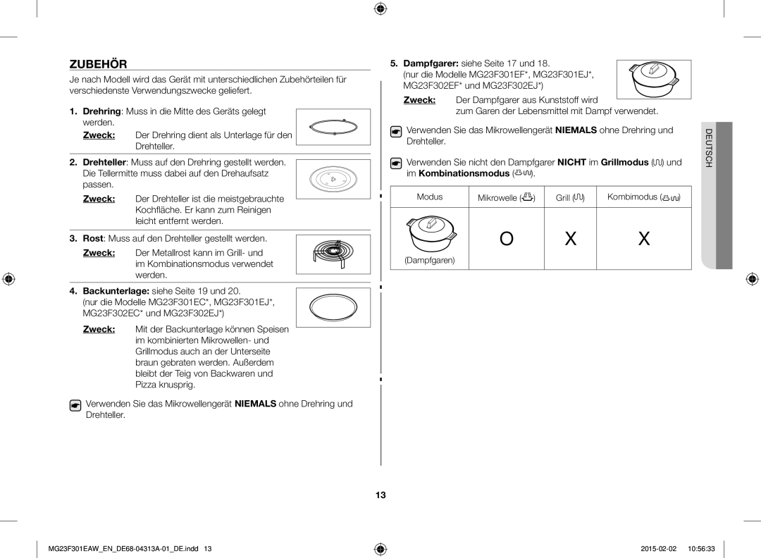 Samsung MG23F301ELW/EN, MG23F301ELW/EG manual Zubehör, Zweck, Modus Mikrowelle Grill Kombimodus Dampfgaren 