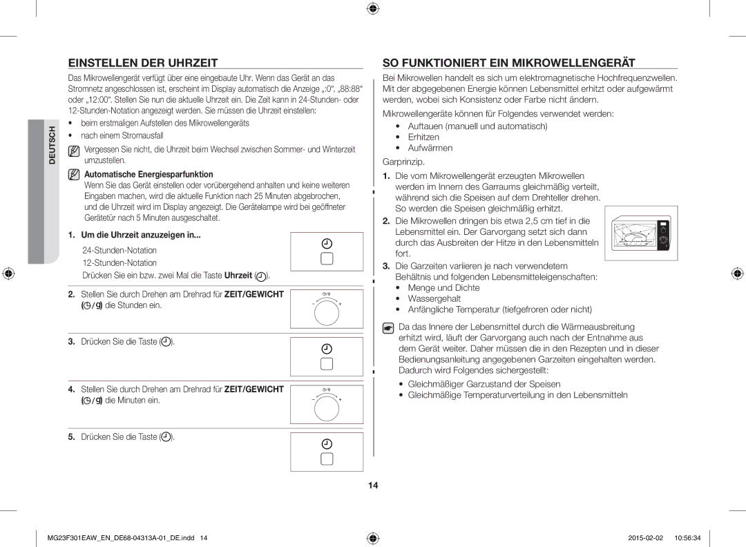 Samsung MG23F301ELW/EG Einstellen DER Uhrzeit, SO Funktioniert EIN Mikrowellengerät, Automatische Energiesparfunktion 