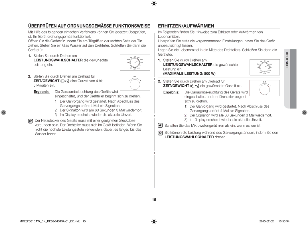 Samsung MG23F301ELW/EN, MG23F301ELW/EG manual Erhitzen/Aufwärmen, Der Signalton wird alle 60 Sekunden 3 Mal wiederholt 