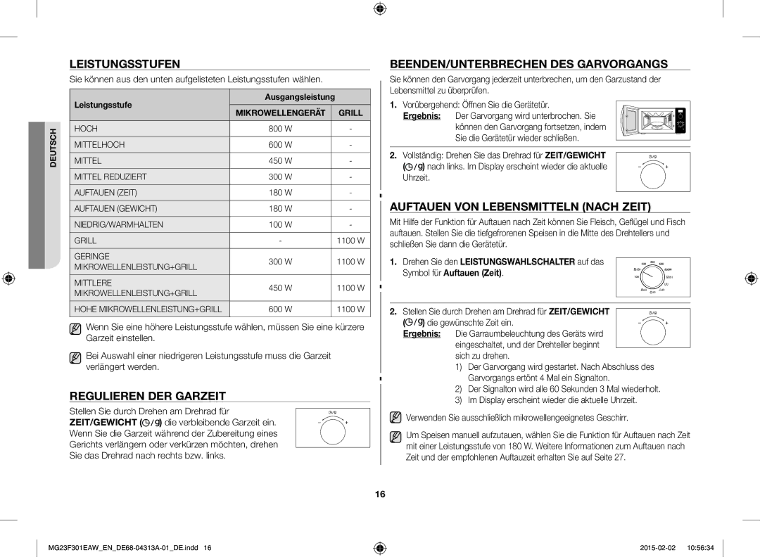 Samsung MG23F301ELW/EG manual Leistungsstufen, Regulieren DER Garzeit, BEENDEN/UNTERBRECHEN DES Garvorgangs, Ergebnis 