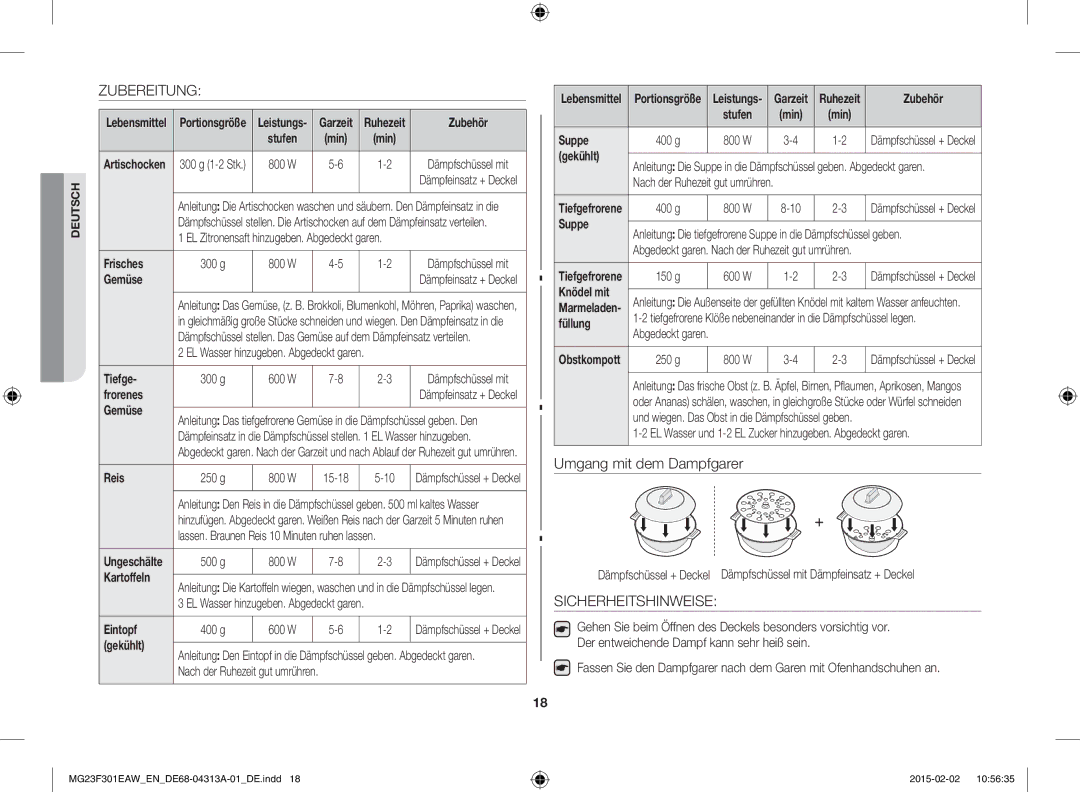 Samsung MG23F301ELW/EG, MG23F301ELW/EN manual Zubereitung, Sicherheitshinweise 