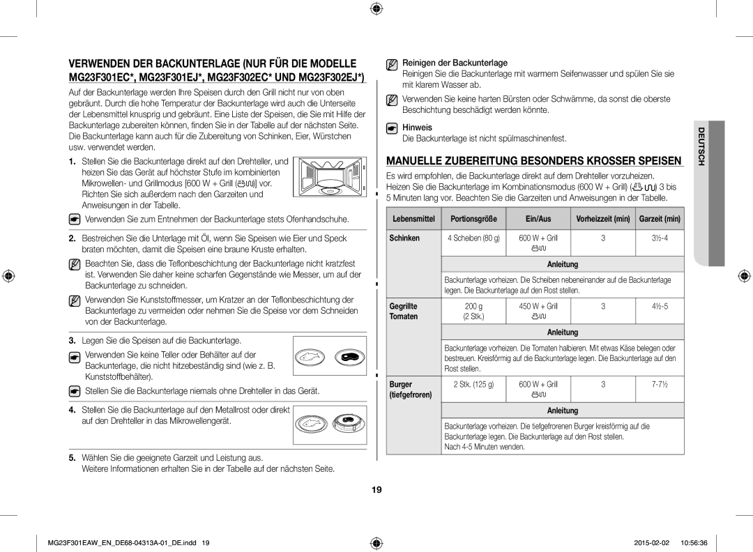 Samsung MG23F301ELW/EN, MG23F301ELW/EG Lebensmittel, Schinken, ½-4, Gegrillte, Tomaten, Burger, Tiefgefroren Anleitung 