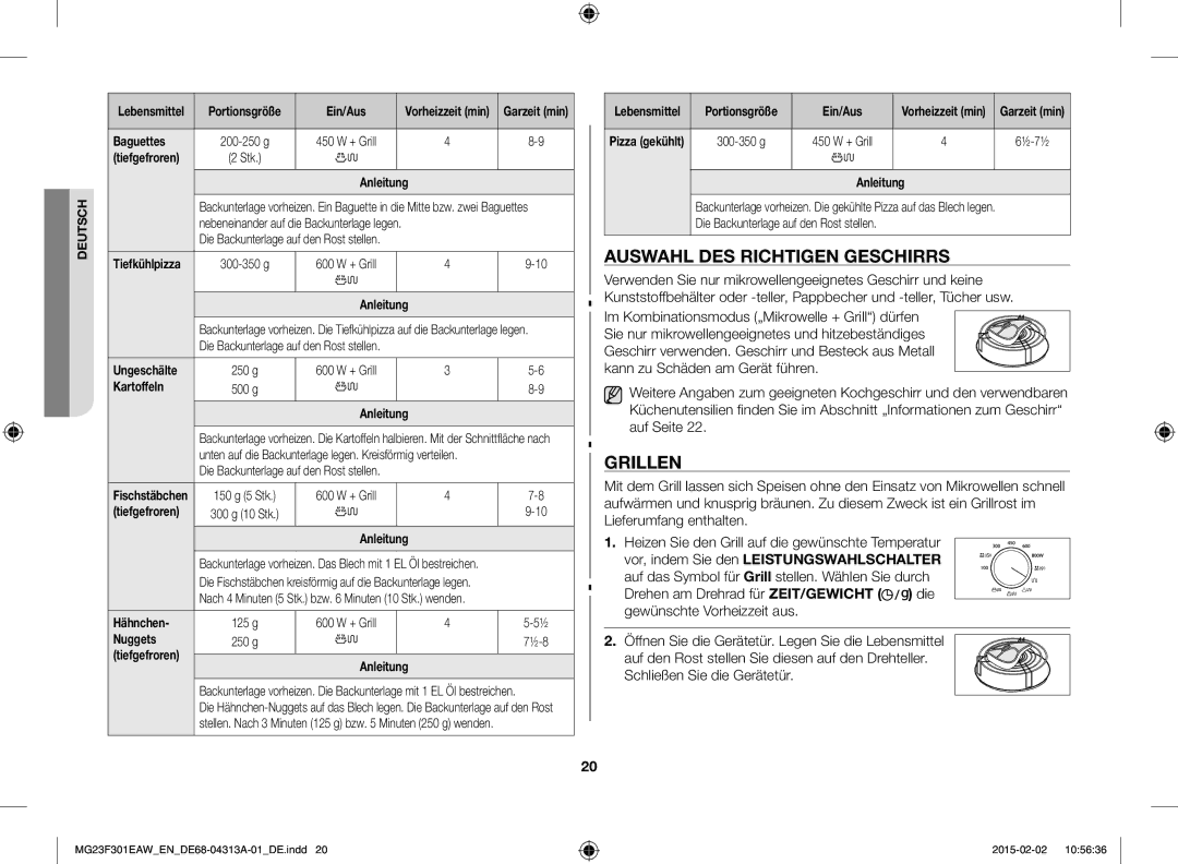 Samsung MG23F301ELW/EG manual Auswahl DES Richtigen Geschirrs, Grillen, Im Kombinationsmodus „Mikrowelle + Grill dürfen 