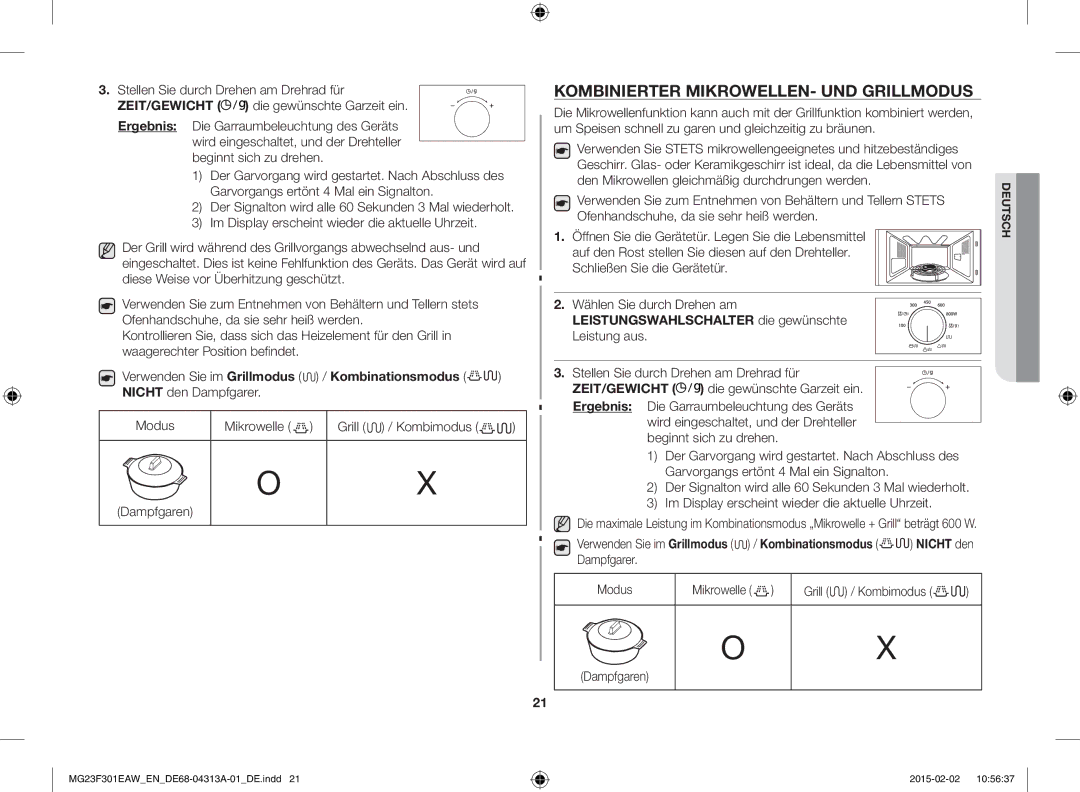 Samsung MG23F301ELW/EN, MG23F301ELW/EG manual Modus Mikrowelle Grill / Kombimodus Dampfgaren 