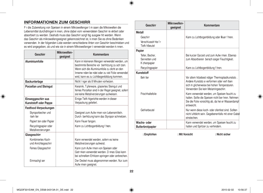 Samsung MG23F301ELW/EG, MG23F301ELW/EN manual Informationen ZUM Geschirr 