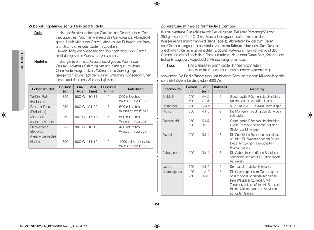 Samsung MG23F301ELW/EG Zubereitungshinweise für Reis und Nudeln, Zubereitungshinweise für frisches Gemüse, Portion Zeit 