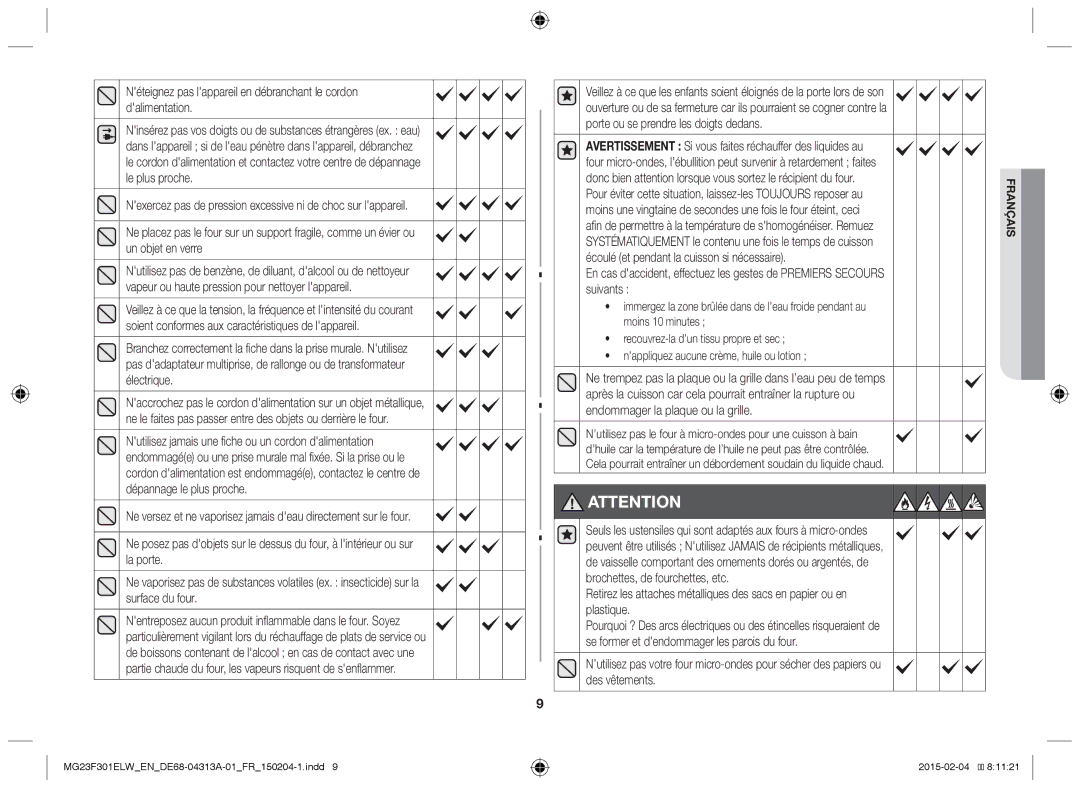 Samsung MG23F301ELW/EN, MG23F301ELW/EG manual Français 