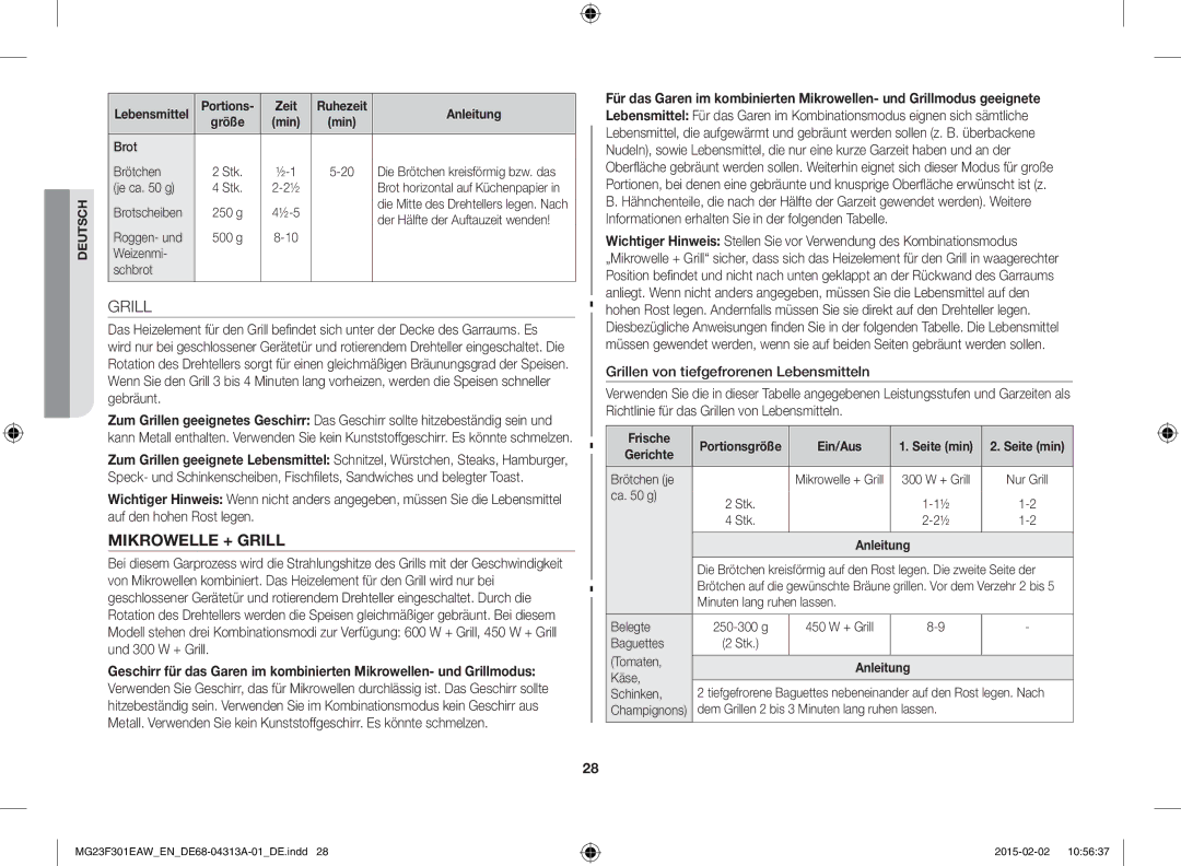 Samsung MG23F301ELW/EG, MG23F301ELW/EN manual Portions Zeit, Frische, Gerichte 