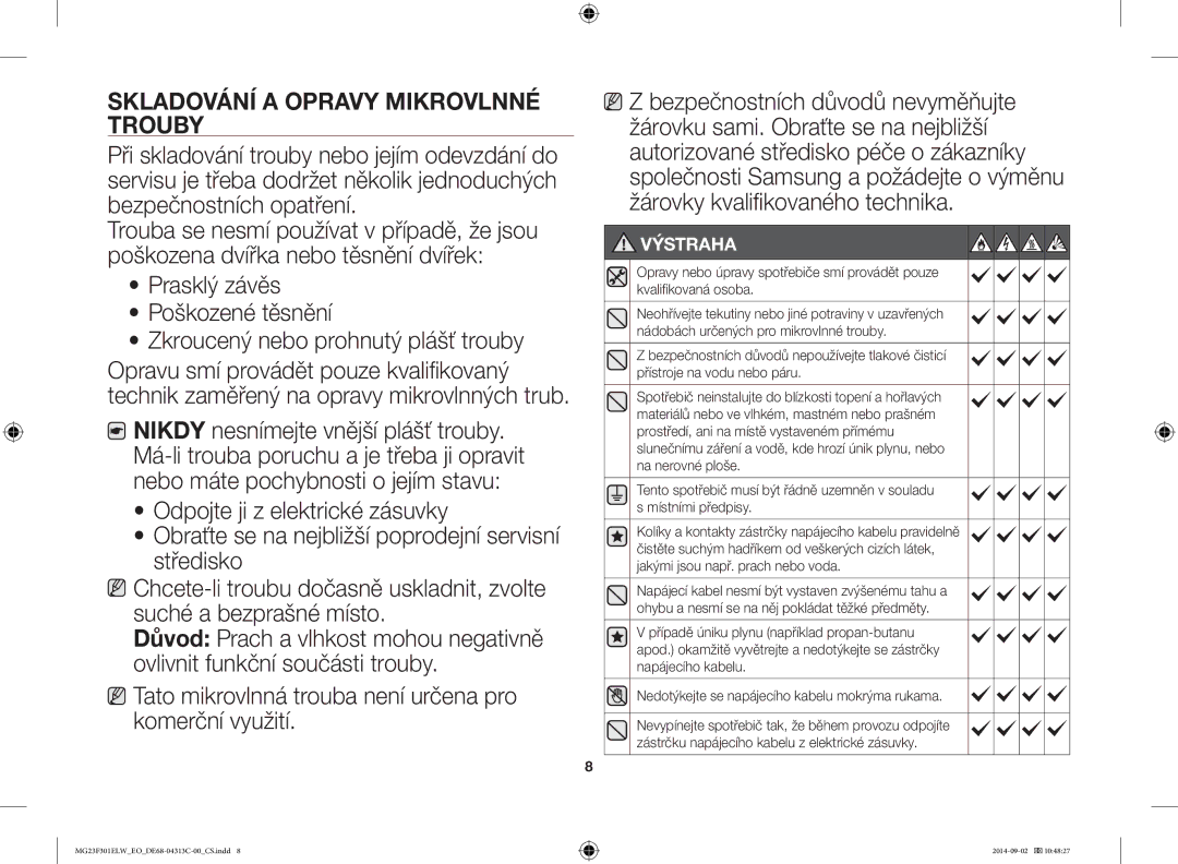 Samsung MG23F301ELW/EO Skladování a Opravy Mikrovlnné Trouby, Tato mikrovlnná trouba není určena pro komerční využití 